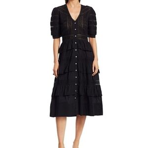 LoveShackFancy Classic Black Ruffled Rebecca Summer Midi Dress sz S